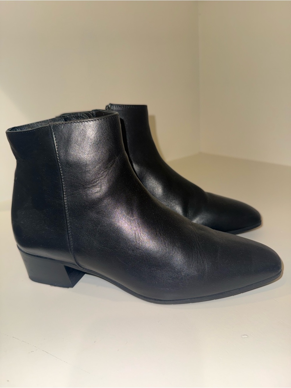 Aquatalia Black Leather Low Block Heel Ankle Boots